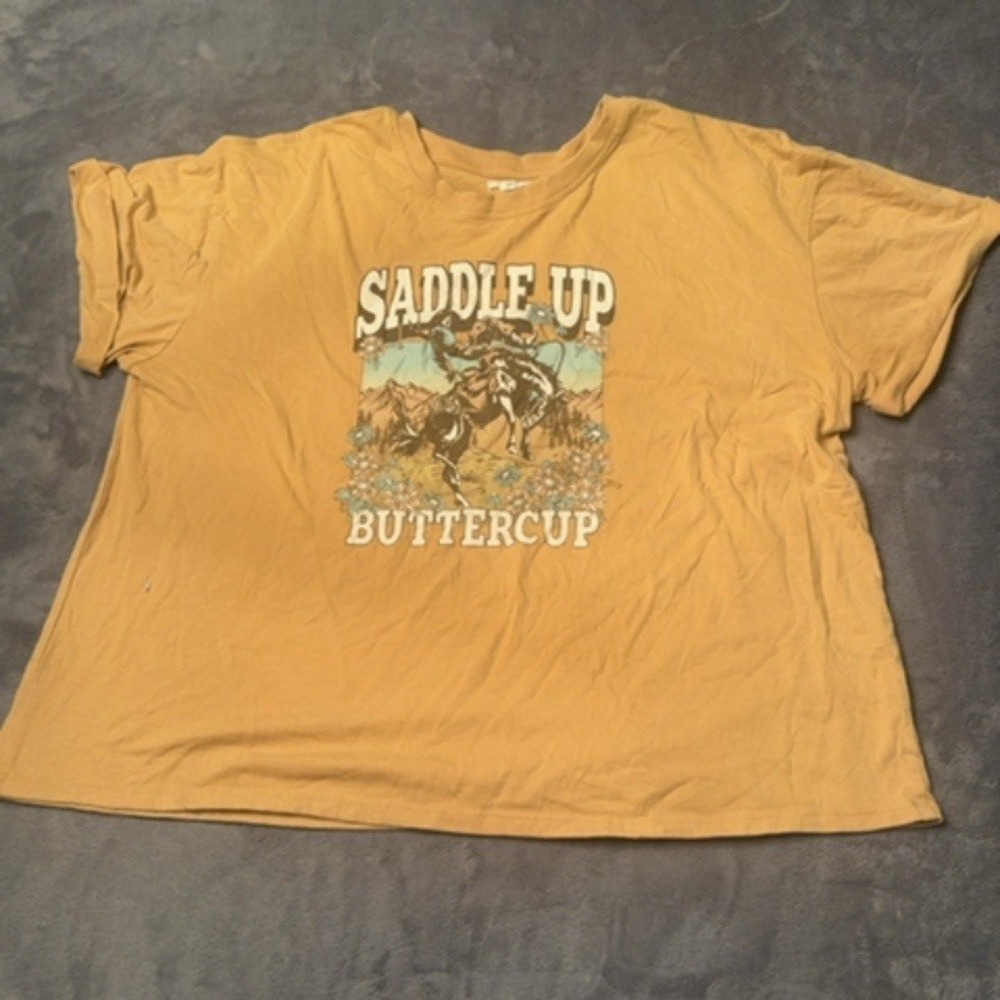 Unknown T-Shirt Women XXL Yellow Saddle Up Graphic Tee Relaxed Fit Cotton